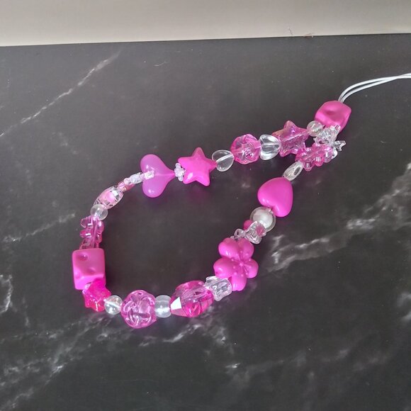 Hot Pink Party Charm Phone Strap – Dice, Hearts & Star Beads Galore! - Picture 6 of 7